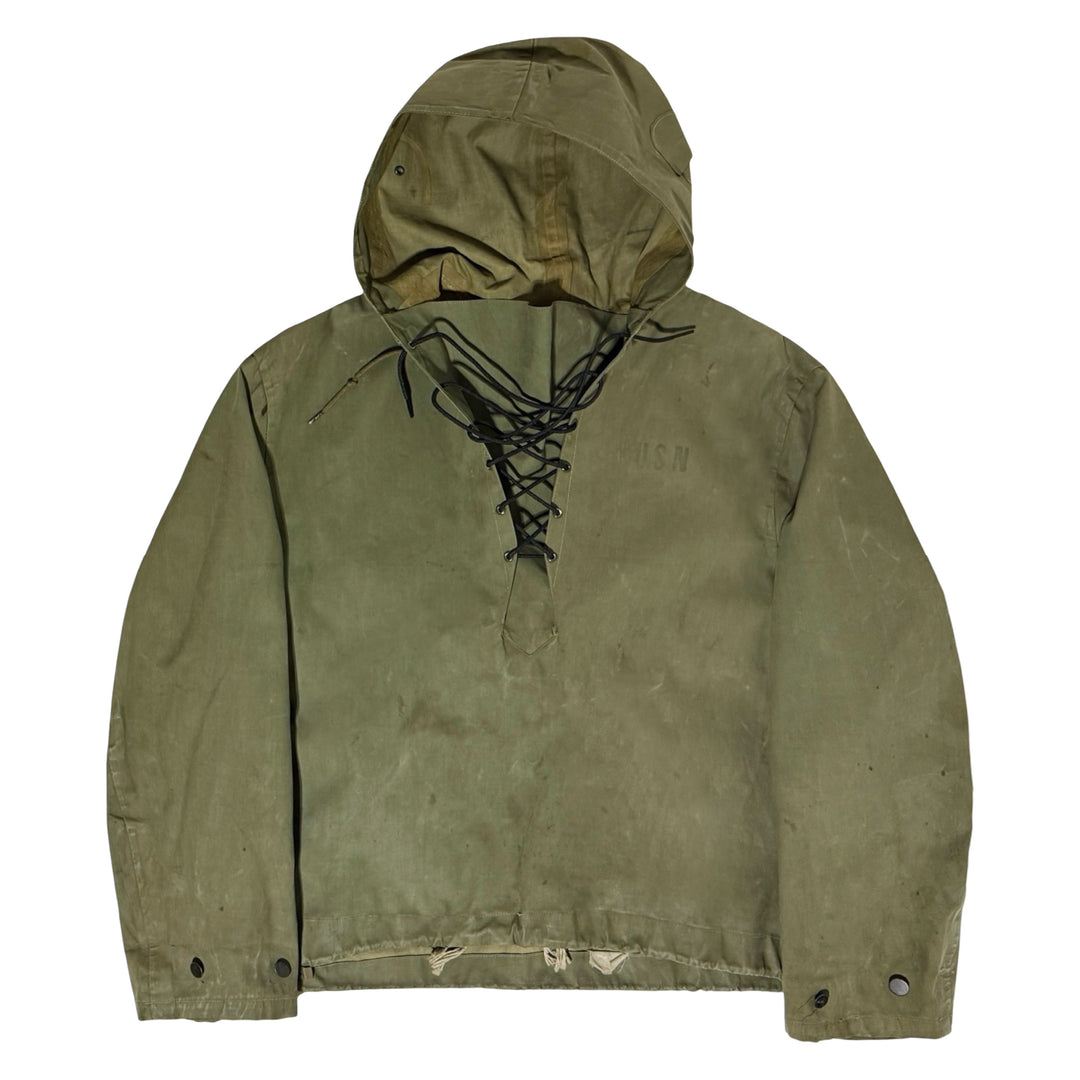 1940’S US NAVY WW2 ERA MADE IN USA THRASHED WATERPROOF CROPPED ANORAK JACKET X-LARGE