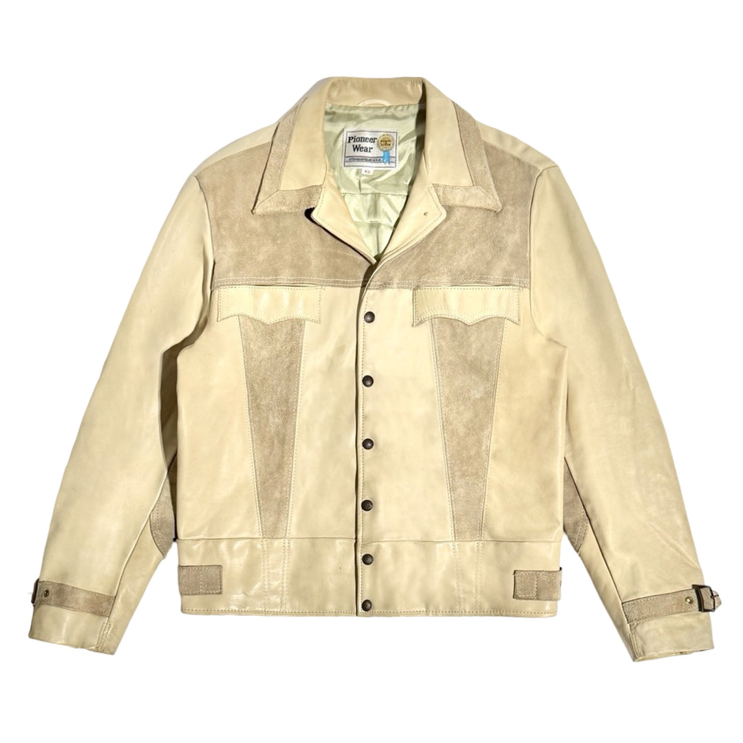 1970’S PIONEER WEAR MADE IN USA CROPPED NAPPA LAMBSKIN CONTRAST SATIN LINED LEATHER TRUCKER JACKET LARGE