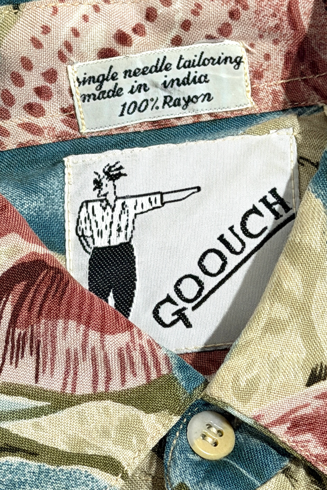 1980’S GOOUCH OCEAN PRINTED DRAPEY 100% RAYON CAMP COLLAR S/S B.D. SHIRT LARGE