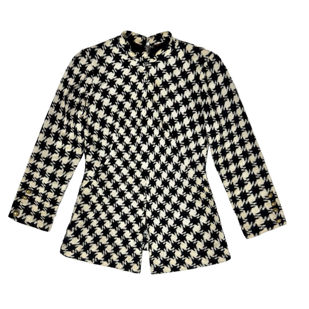1960S MOD MADE IN USA BLACK &amp; WHITE WOOL HOUNDSTOOTH TUNIC &amp; SKIRT TWO-PIECE SET WOMEN’S SMALL/MEDIUM