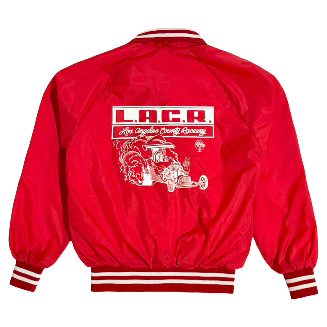 1980’S LOS ANGELES COUNTY RACEWAY MADE IN USA CROPPED RED SATIN BASEBALL JACKET LARGE