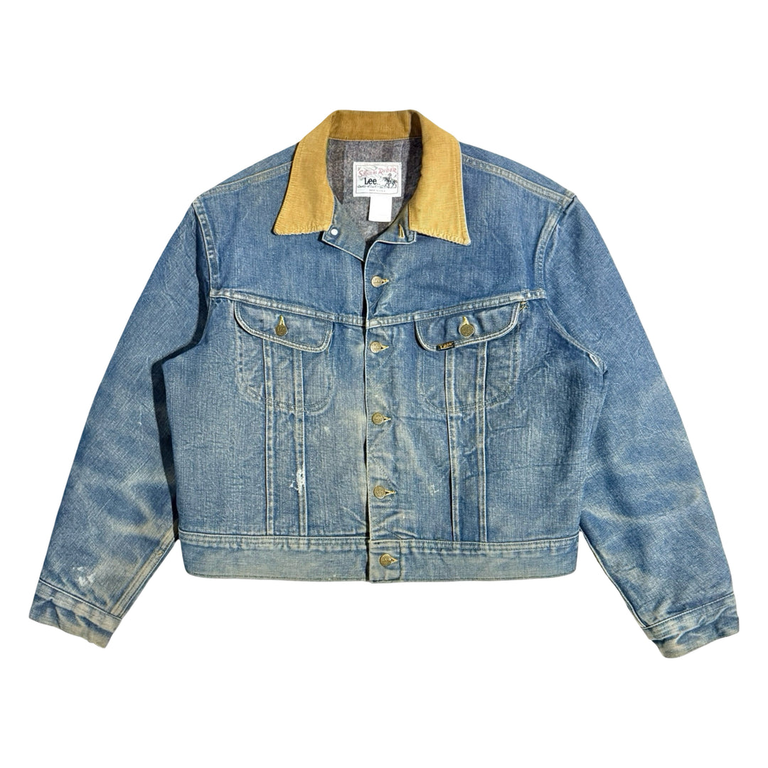 1970’S LEE STORMRIDER UNION MADE IN USA CROPPED CORDUROY COLLAR BLANKET LINED PERFECT WASH WESTERN DENIM TRUCKER JACKET X-LARGE