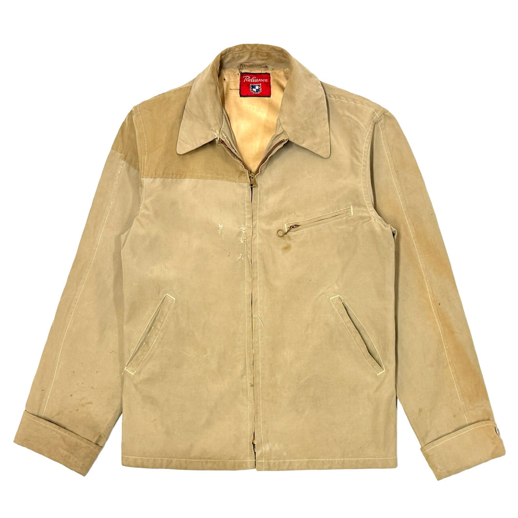 1940’S RELIANCE MADE IN USA THRASHED & REPAIRED CROPPED GABARDINE WORKWEAR ZIP JACKET SMALL