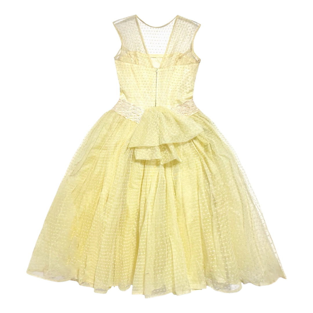 1950’S POINT D’ESPRIT HAND MADE IN USA PASTEL YELLOW TULLE COCKTAIL PARTY DRESS SMALL