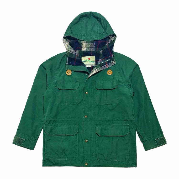 1970's Eastern Mountain Sports EMS forest green 60/40 plaid flannel lined hooded jacket large