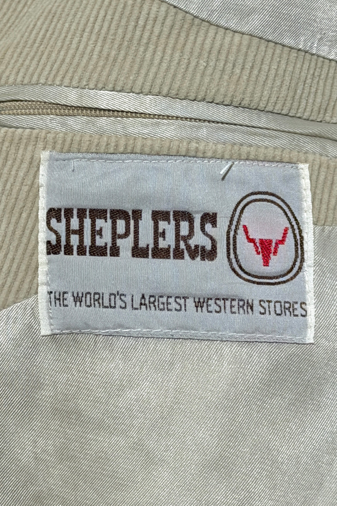 1990’S SHEPLER’S MADE IN USA LIGHT TAN CORDUROY ELBOW PATCHED WESTERN SUIT JACKET 44R