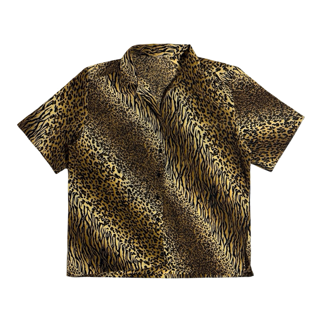 1980’S LEOPARD PRINT MADE IN USA CROPPED CAMP COLLAR S/S B.D. SHIRT LARGE