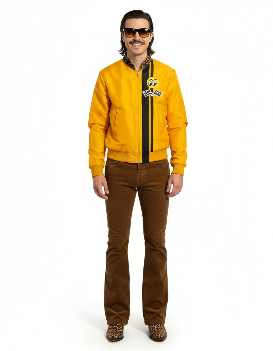 1970’S MOON RACING MADE IN USA CROPPED LEOPARD PRINT PONY HAIR COLLAR STRIPED RACING JACKET MEDIUM