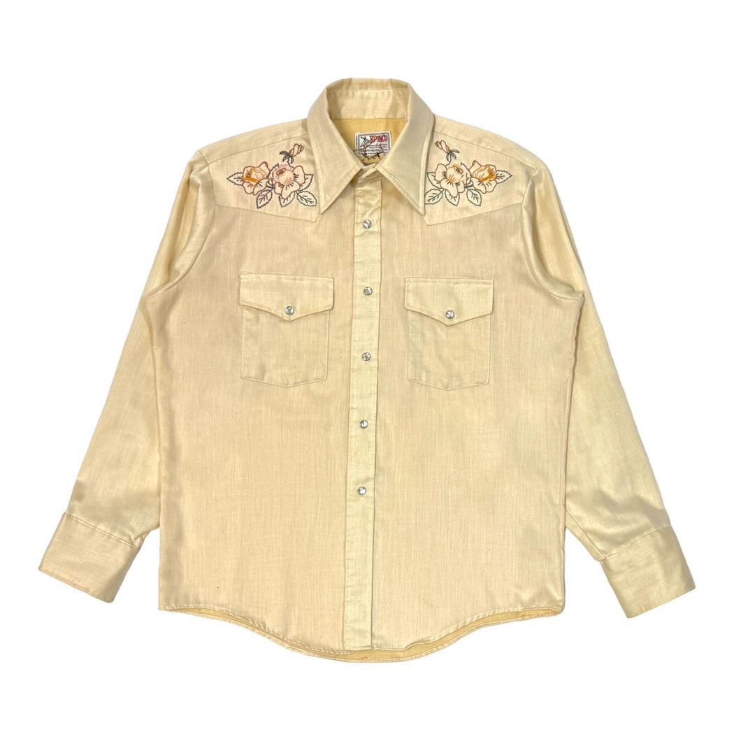 1970’S BRONCO MADE IN USA CUSTOM HAND EMBROIDERED YOKE FLORAL WESTERN PEARL SNAP L/S B.D. SHIRT LARGE