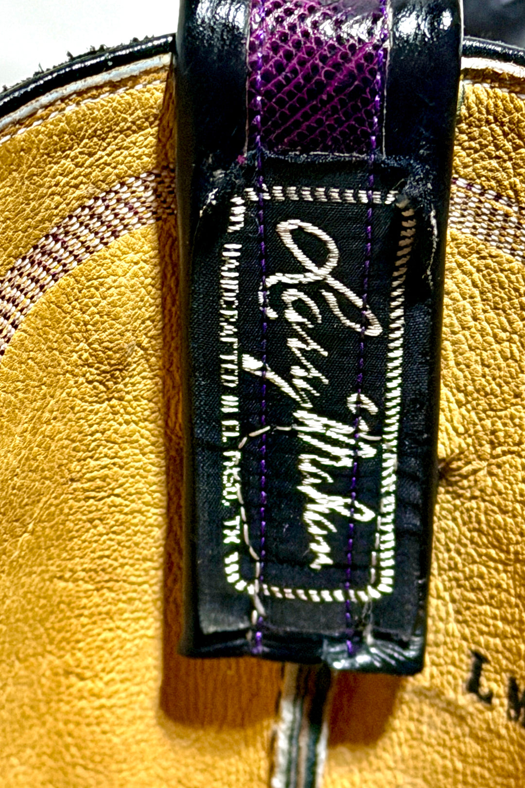 1970’S LARRY MAHAN MADE IN USA PURPLE LIZARD LEATHER CONTRAST BLACK EMBROIDERED POINTED TOE WESTERN COWBOY BOOTS WOMEN’S 7.5