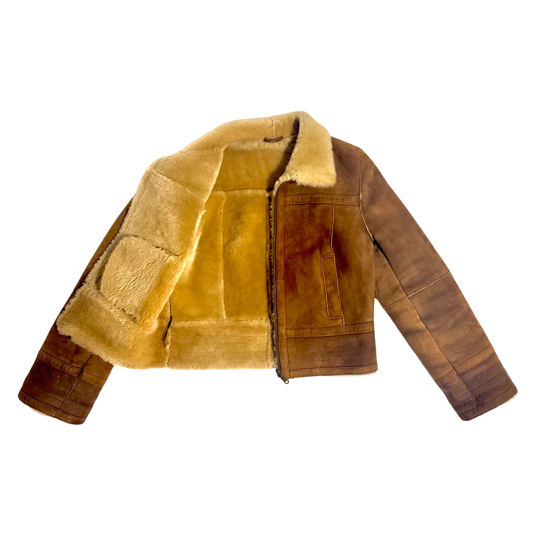 1990’S OVERLAND CROPPED COGNAC BROWN SHEEPSKIN SUEDE &amp; SHEARLING JACKET WOMEN’S MEDIUM / MEN’S SMALL