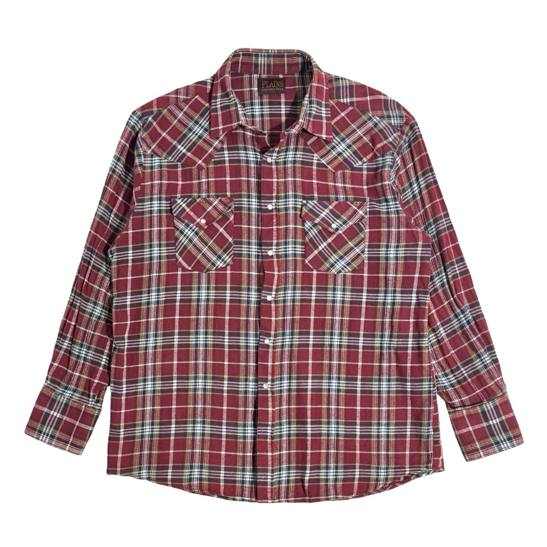 1990’S PLAINS WESTERNWEAR PLAID FLANNEL WESTERN PEARL SNAP L/S B.D. SHIRT LARGE