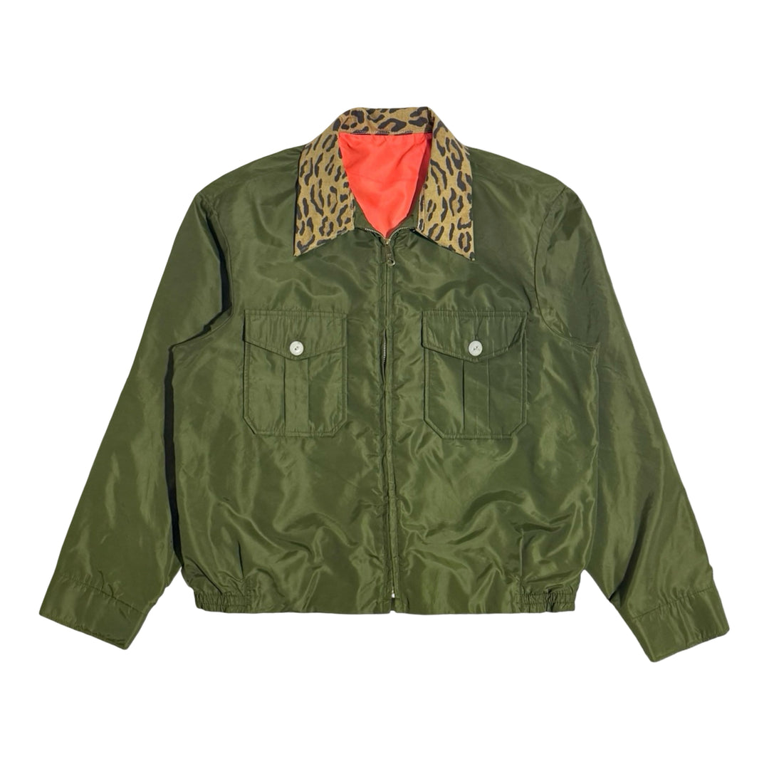 1970’S MASK X FECHEIMER BROS MADE IN USA CROPPED REVERSIBLE HIGH VIS LEOPARD PRINT COLLAR JACKET LARGE