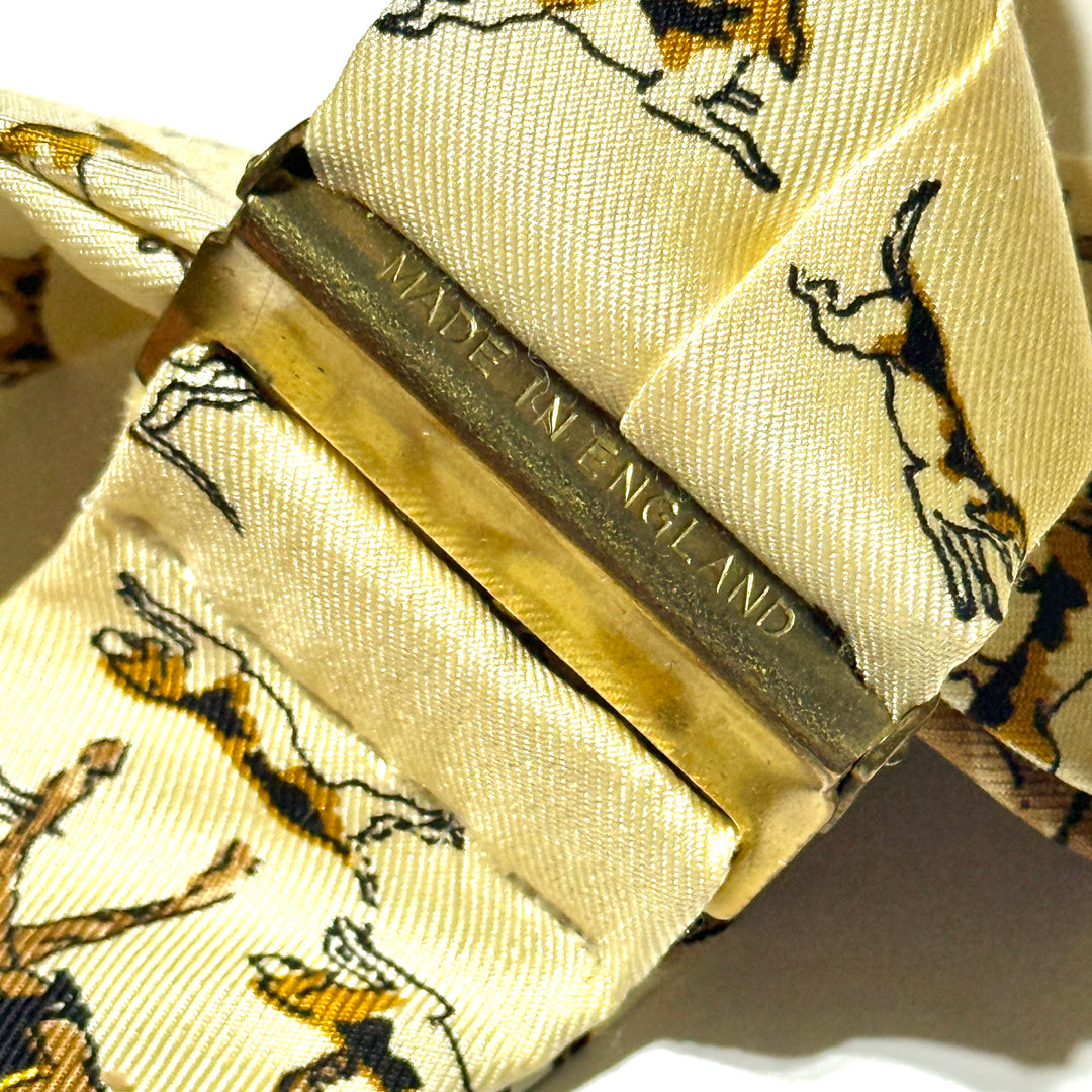 1970’S POLO RALPH LAUREN MADE IN ENGLAND FOX HUNT PRINTED SILK AND LEATHER BRACES