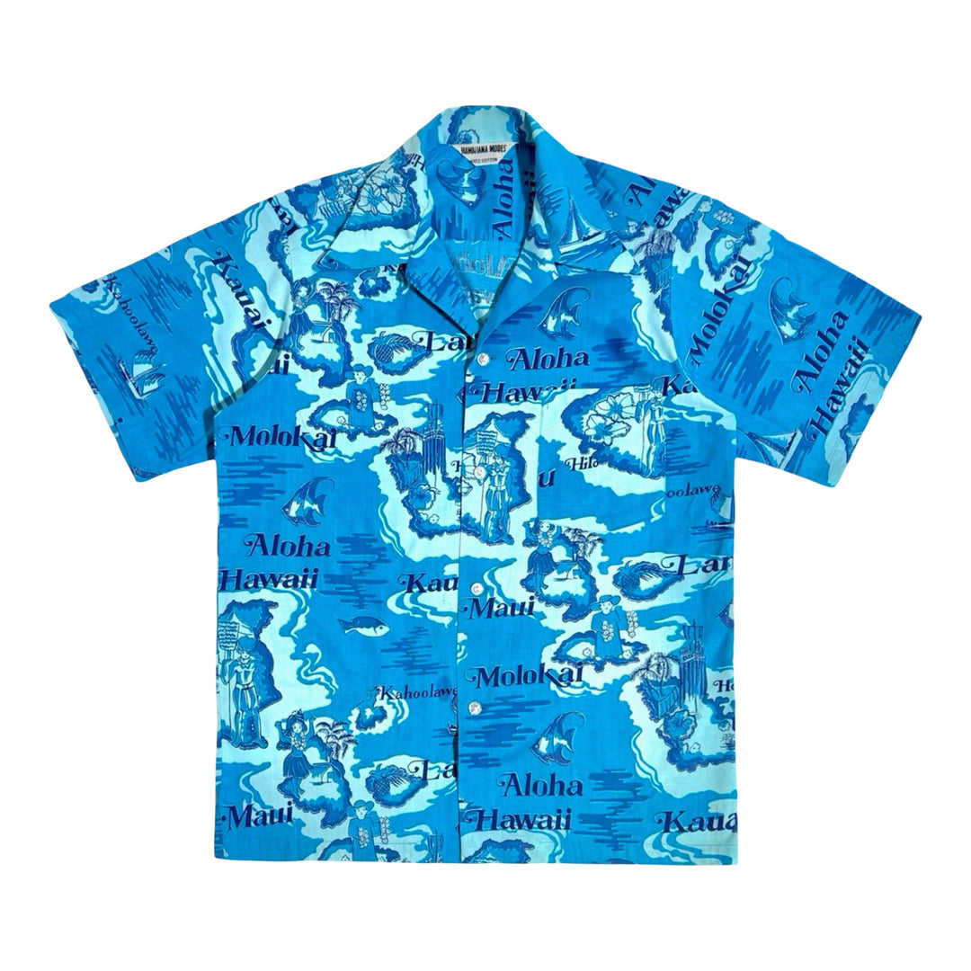 1950’S HAWAIIAN MODES MADE IN USA CROPPED SELVEDGE BLUE ISLANDS PRINT LOOP COLLAR S/S B.D. SHIRT MEDIUM