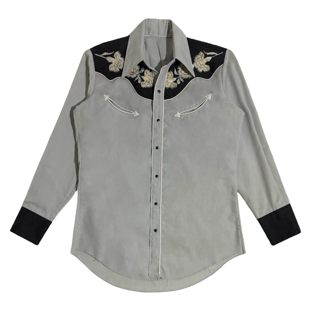 1970’S KARMAN MADE IN USA EMBROIDERED GRAY &amp; BLACK SMILE POCKET PEARL SNAP WESTERN L/S SHIRT LARGE