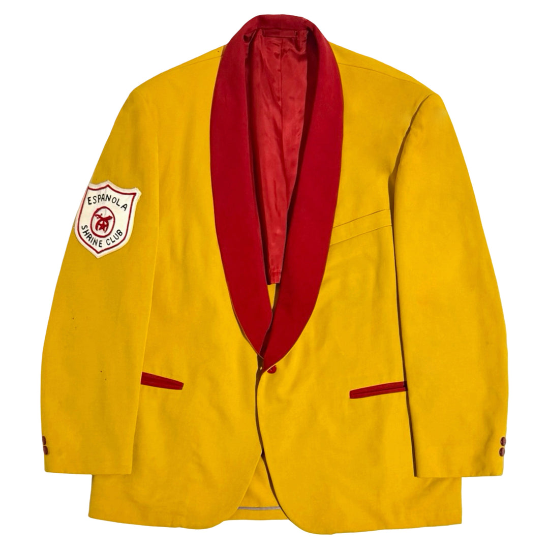 1960’S GLOBE TAILORS ALBUQUERQUE MADE IN USA CUSTOM “ESPAÑOLA SHRINE CLUB” NEW MEXICAN FLAG RED &amp; YELLOW SHAWL COLLAR TUXEDO JACKET 42R / LARGE