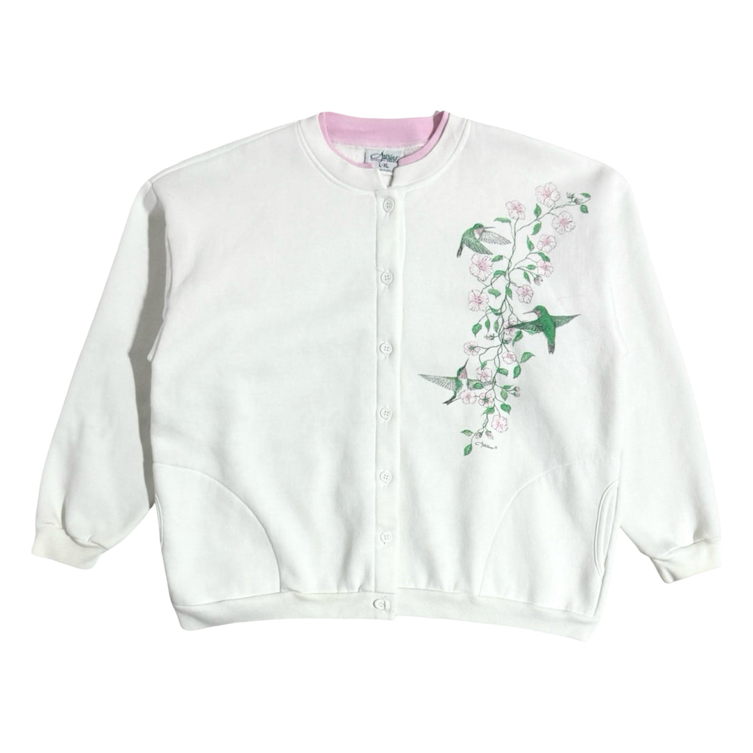 1980’S ARTISANS MADE IN USA HUMMINGBIRD FLEECE CARDIGAN SWEATER MEDIUM