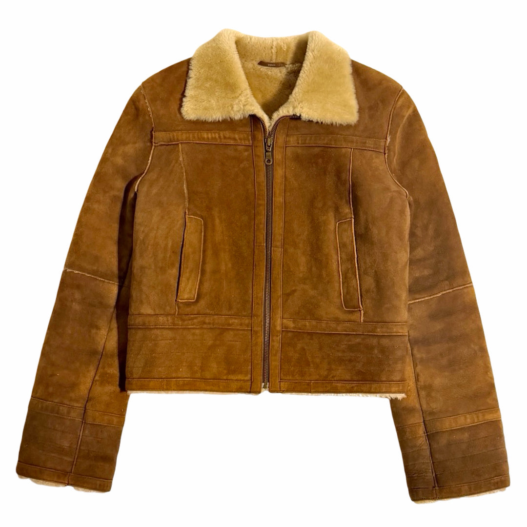 1990’S OVERLAND CROPPED COGNAC BROWN SHEEPSKIN SUEDE &amp; SHEARLING JACKET WOMEN’S MEDIUM / MEN’S SMALL