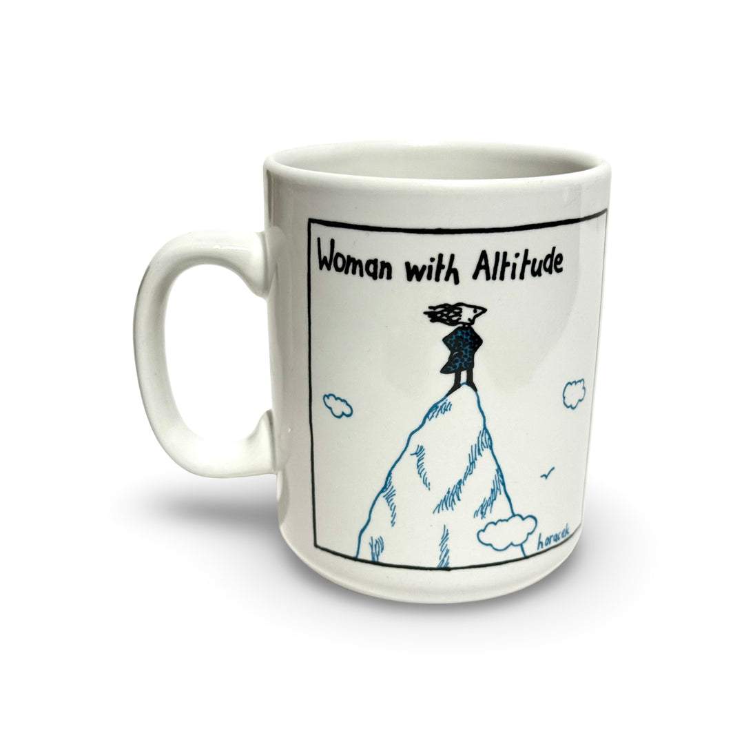1980’S JUDY HORACEK MADE IN BRITAIN “WOMAN WITH ALTITUDE” CERAMIC COFFEE MUG