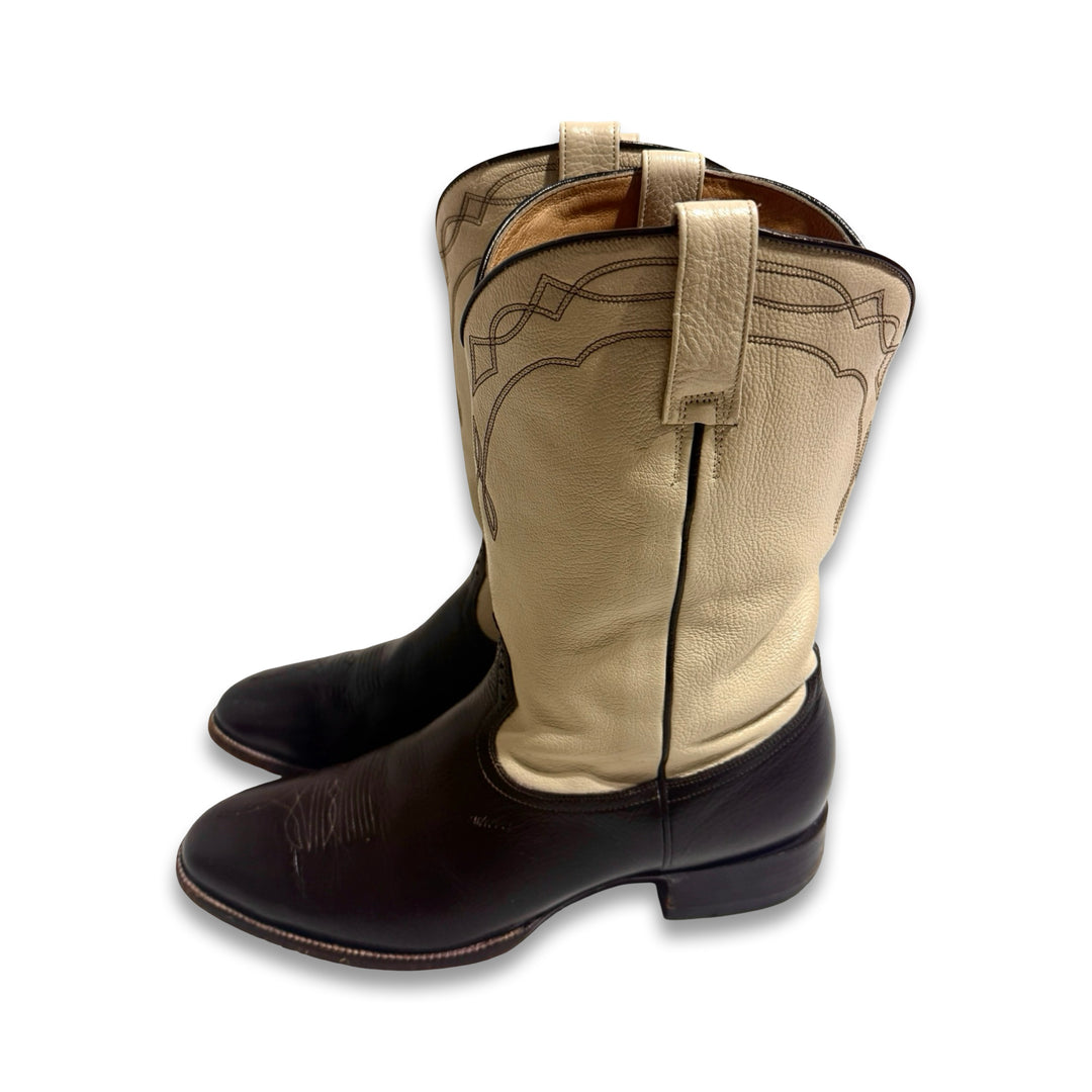 2000’S CHRIS ROMERO HANDCRAFTED DUAL TONE DARK BROWN / OFF WHITE EMBROIDERED COWBOY BOOTS 10.5