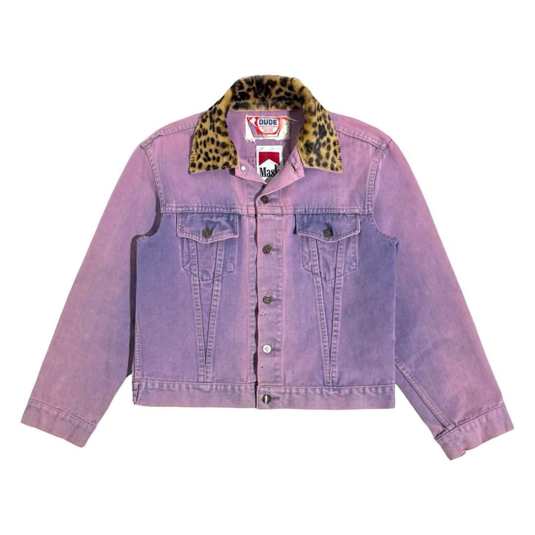 1970’S MASK X DUDE WESTERN MADE IN USA CROPPED LEOPARD LEATHER COLLAR OVERDYE DENIM TRUCKER JACKET MEDIUM