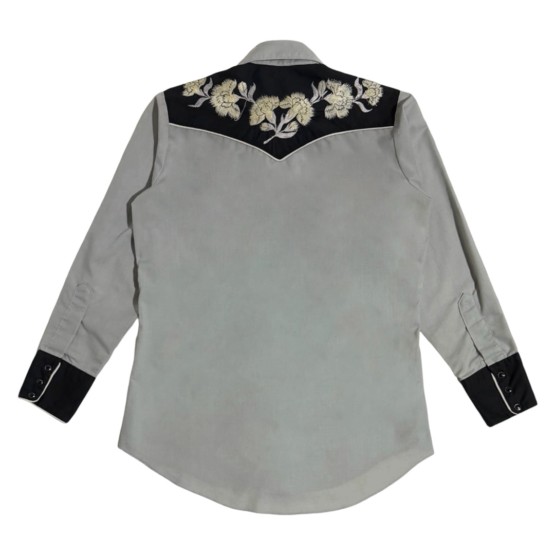 1970’S KARMAN MADE IN USA EMBROIDERED GRAY &amp; BLACK SMILE POCKET PEARL SNAP WESTERN L/S SHIRT LARGE