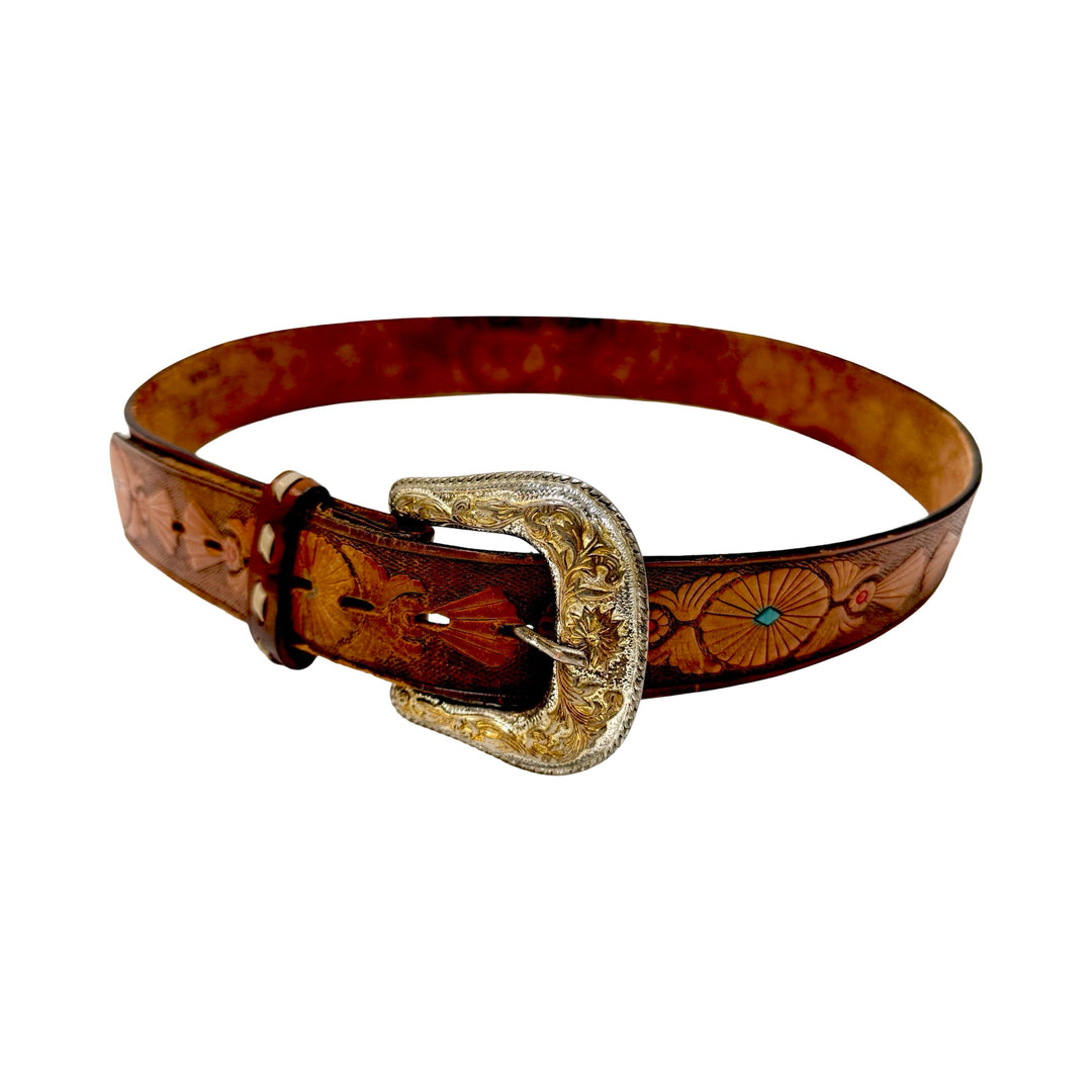 1970’S WESTERN BUCKLE MADE IN USA PAINTED LEATHER BELT 32