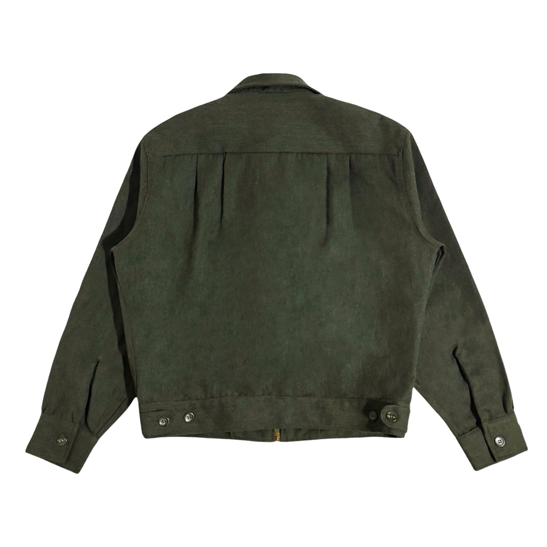 1950’S BOSS COMMERCIAL UNIFORM CO LOS ANGELES MADE IN USA CROPPED OLIVE WOOL WHIPCORD TWILL “STANDARD OIL CALIFORNIA” WORKWEAR JACKET LARGE