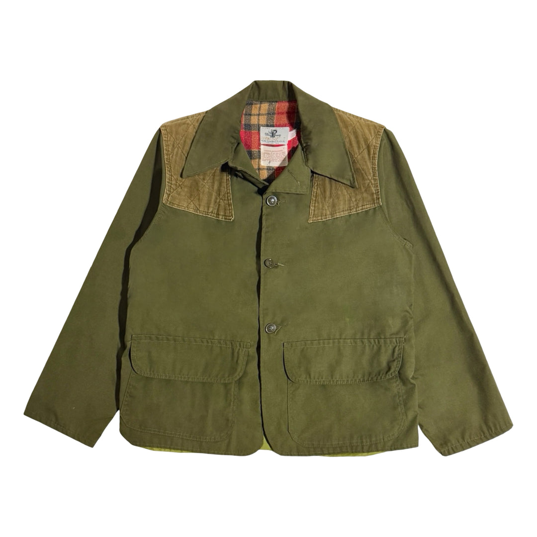 1960’S BLACK SHEEP MADE IN USA CROPPED OLIVE CORDUROY PATCHED HUNTING JACKET LARGE