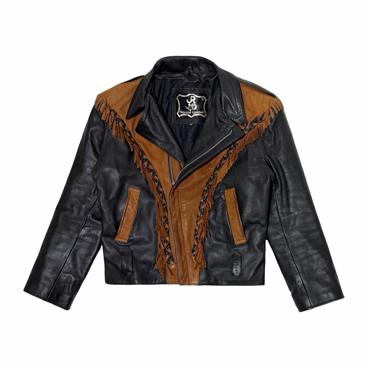 1980's JR genuine leather black tan suede western fringe cropped jacket large
