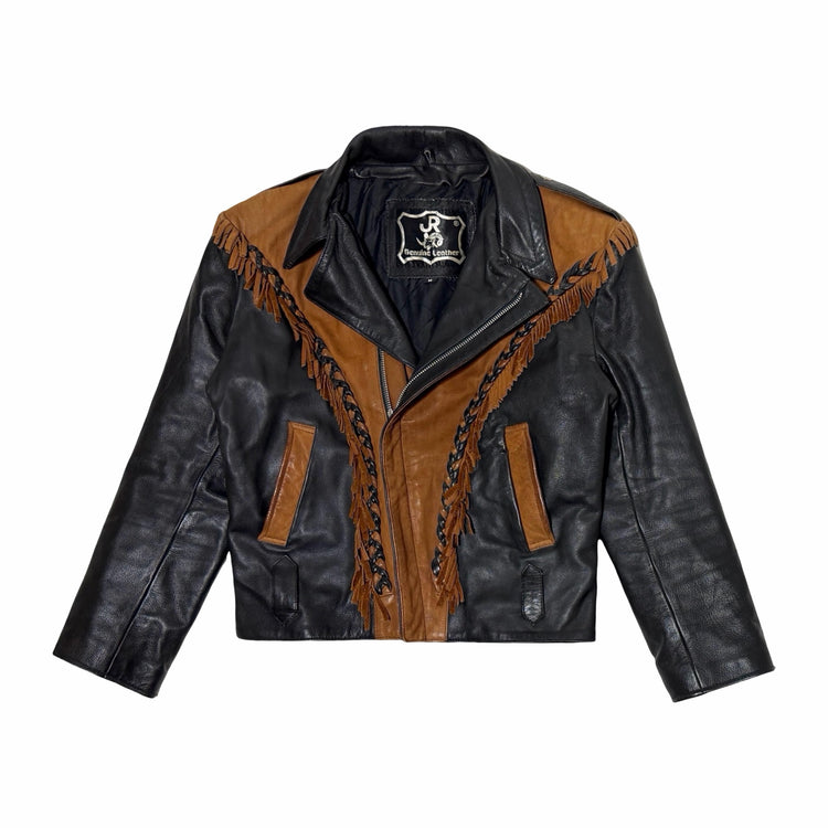 1980's JR genuine leather black tan suede western fringe cropped jacket large