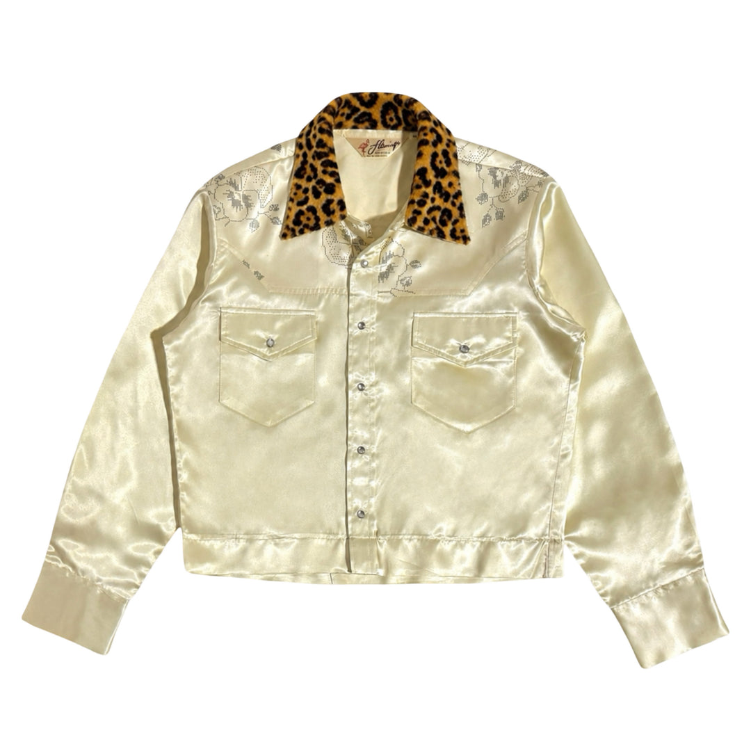 1970’S MASK X FLAMINGO MADE IN USA CROPPED ITALIAN LEOPARD PRINT LEATHER COLLAR SATIN FLORAL PRINT WESTERN PEARL SNAP JACKET LARGE