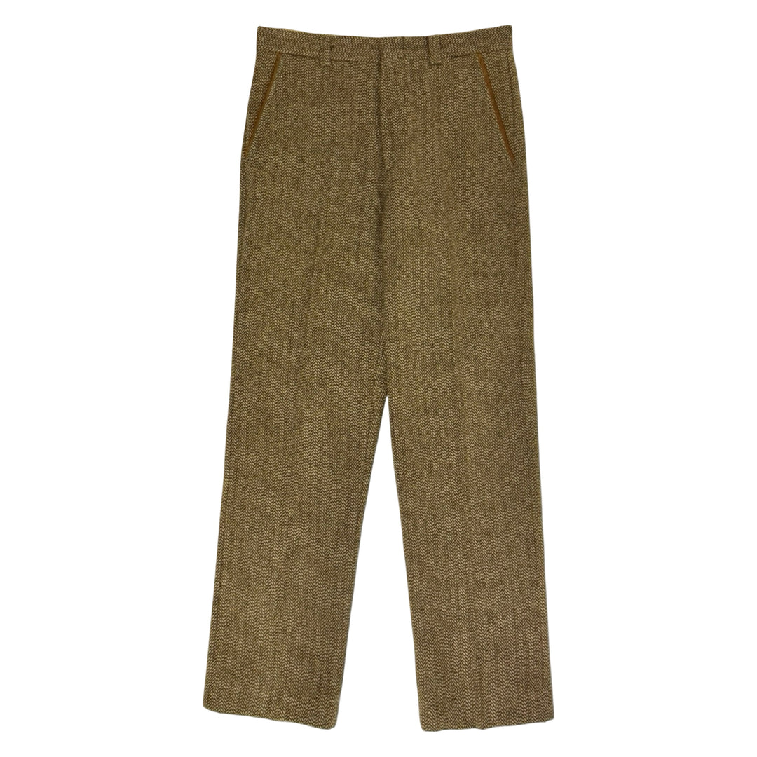 1990’S ORVIS MADE IN USA HERRINGBONE TWEED LEATHER ACCENTED FLAT FRONT TROUSER PANTS 32 X 30
