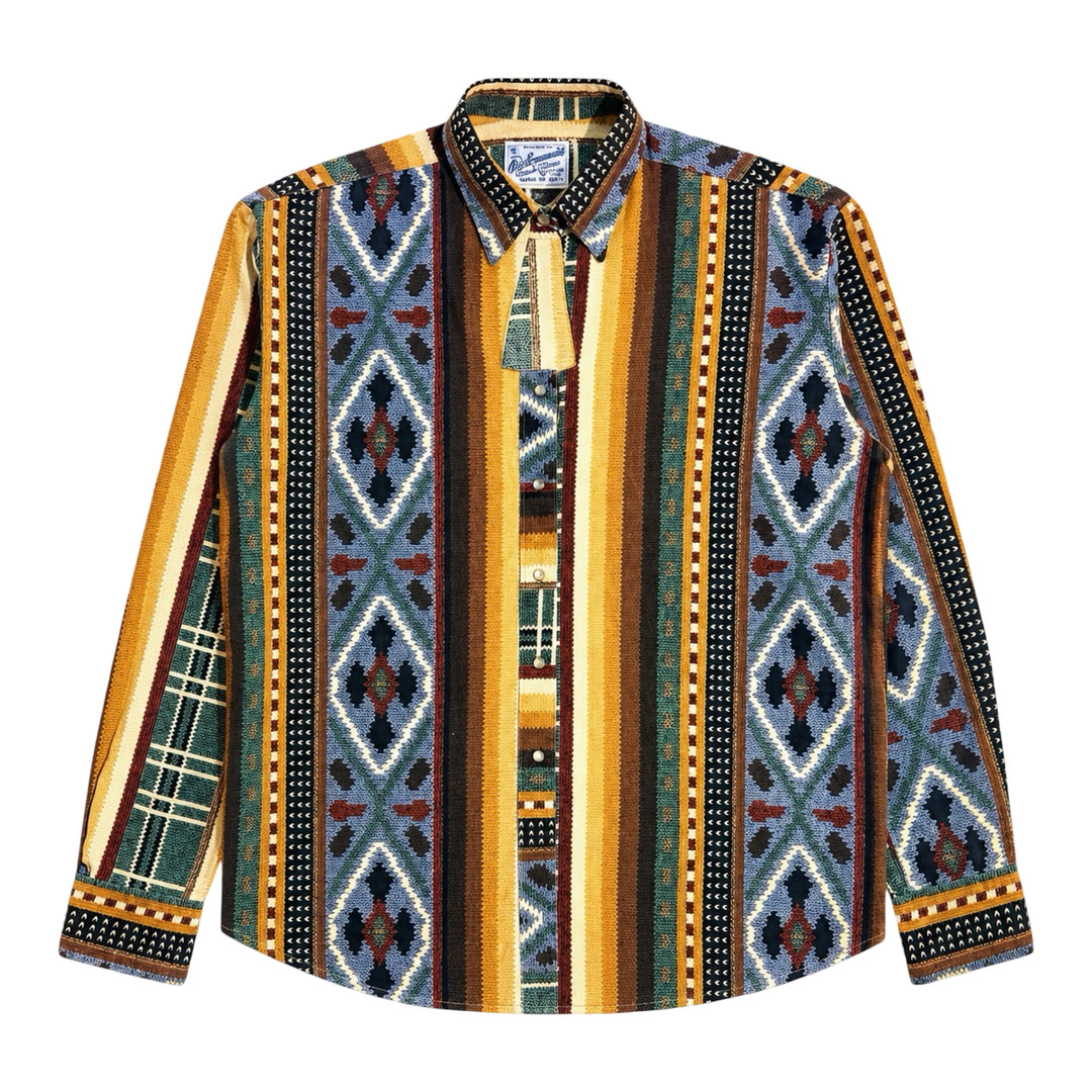 1980’S ROCKMOUNT RANCHWEAR MADE IN USA KEYHOLE CUTOUT TAPESTRY PRINT WESTERN PEARL SNAP L/S. B.D. SHIRT X-LARGE