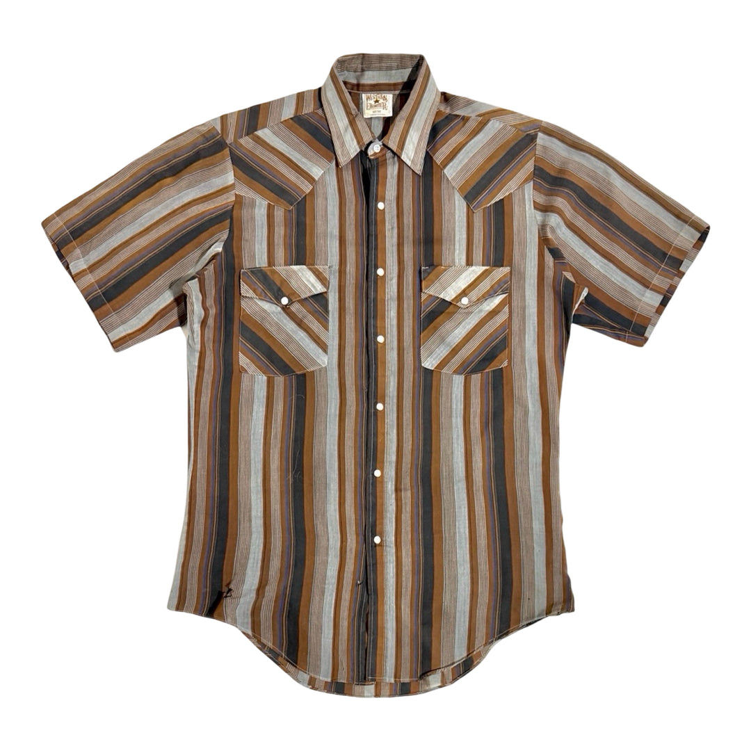 1980’S WESTERN FRONTIER MADE IN USA THRASHED BROWN STRIPED PEARL SNAP S/S B.D. SHIRT MEDIUM