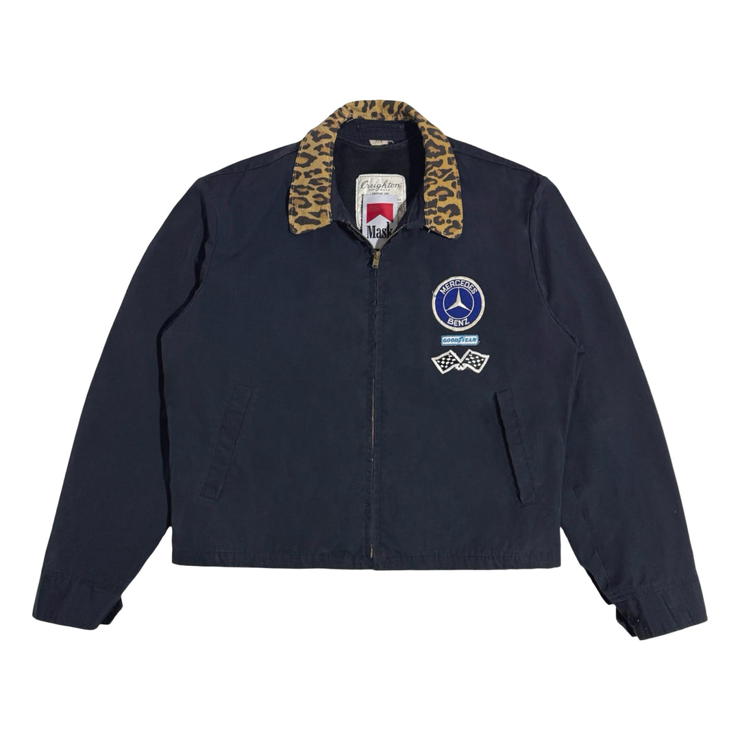 1960’S MASK MERCEDES BENZ RACING MADE IN USA CROPPED LEOPARD PRINT COLLAR GARAGE JACKET LARGE