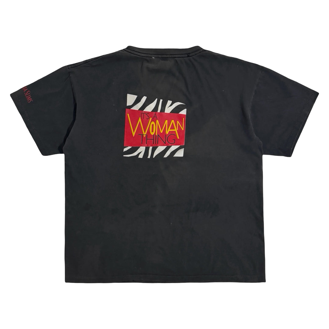 1990’S VIRGINIA SLIMS MADE IN USA FADED &amp; THRASHED BLACK SINGLE STITCH V-NECK S/S T-SHIRT WOMEN’S XXL / MEN’S X-LARGE
