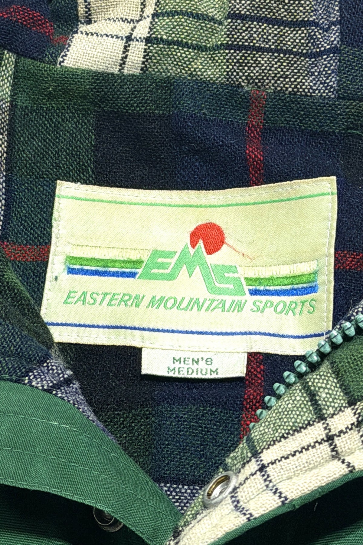 1970's Eastern Mountain Sports EMS forest green 60/40 plaid flannel lined hooded jacket large