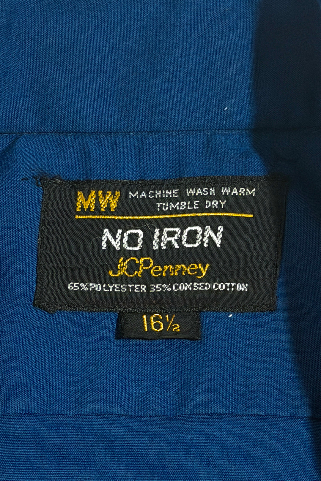 1970’S PENNEY’S MADE IN USA CROPPED NAVY BLUE CAMP COLLAR S/S B.D. SHIRT LARGE