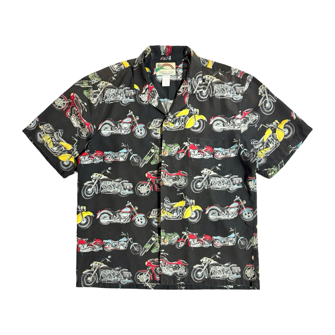 1980’S PARADISE FOUND MADE IN USA MOTORCYCLE PRINT HAWAIIAN S/S B.D. SHIRT X-LARGE