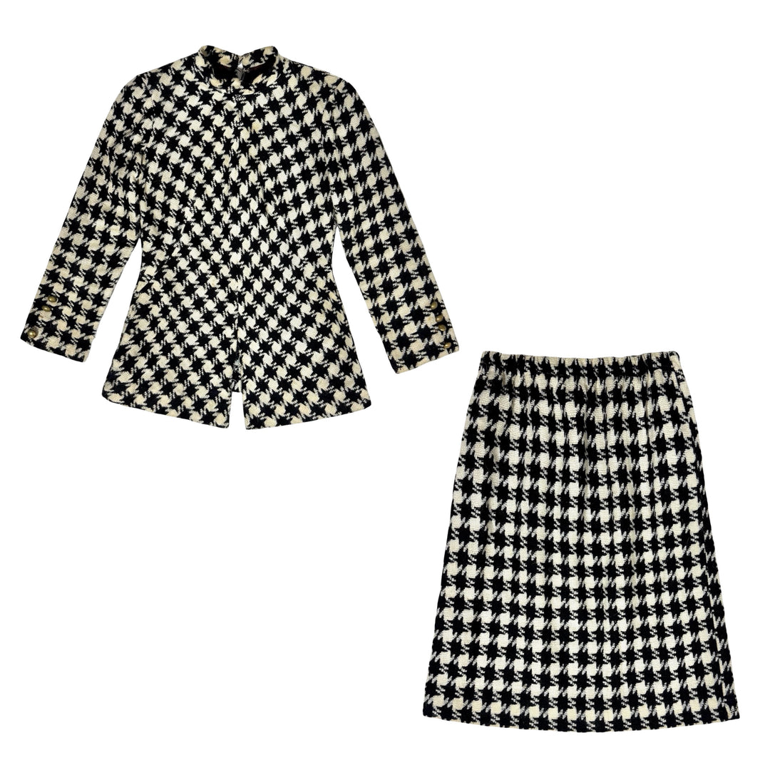 1960S MOD MADE IN USA BLACK &amp; WHITE WOOL HOUNDSTOOTH TUNIC &amp; SKIRT TWO-PIECE SET WOMEN’S SMALL/MEDIUM