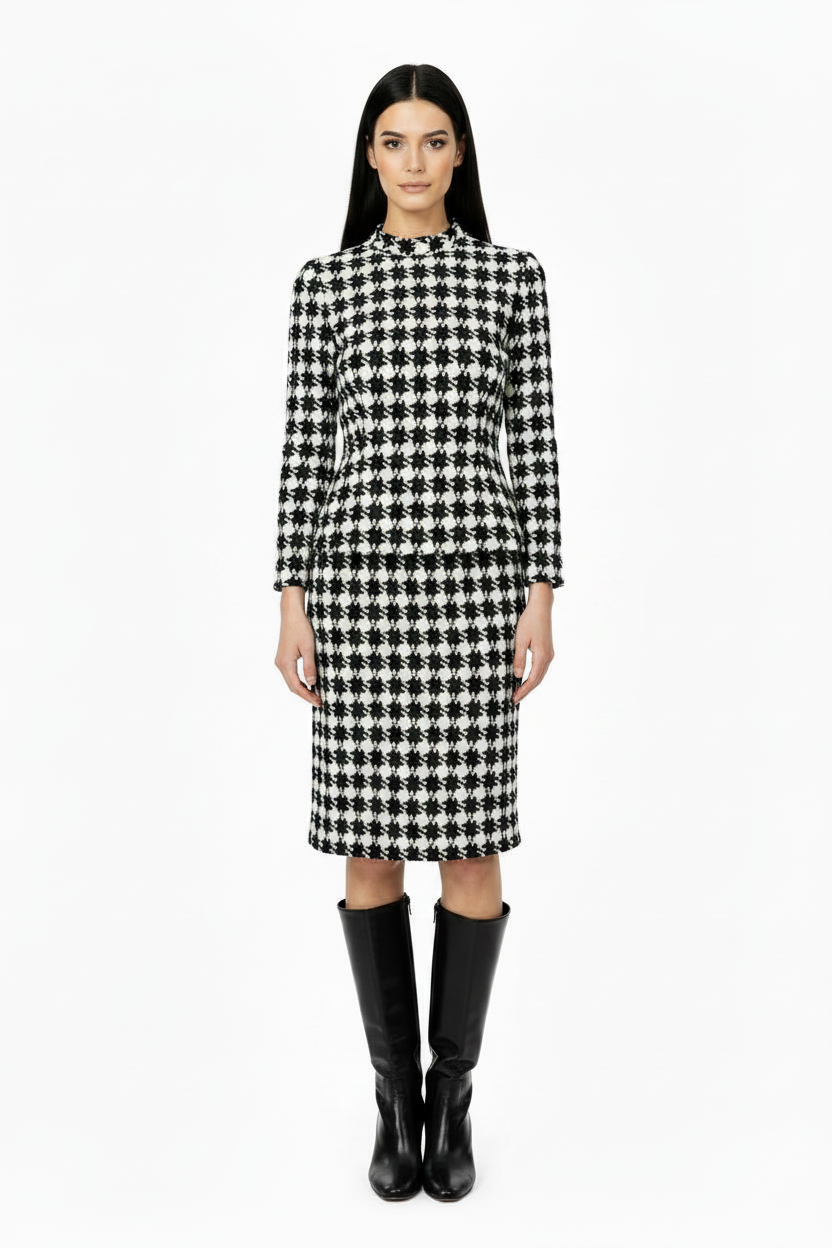 1960S MOD MADE IN USA BLACK &amp; WHITE WOOL HOUNDSTOOTH TUNIC &amp; SKIRT TWO-PIECE SET WOMEN’S SMALL/MEDIUM