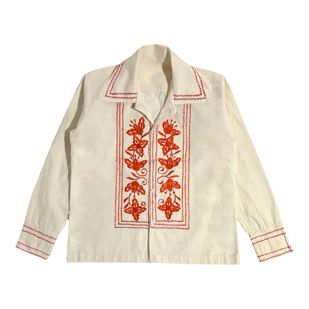 1960’S CROPPED MEXICAN EMBROIDERED FLORAL SLUB WEAVE LINEN L/S B.D. SHIRT LARGE