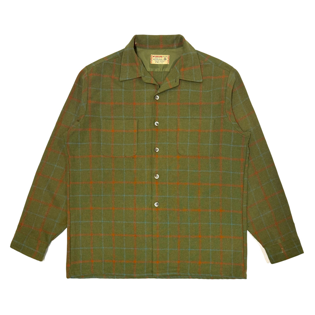 1960’S MCGREGOR MADE IN USA CROPPED PLAID WOOL SCOTLANA FLANNEL L/S B.D. SHIRT LARGE