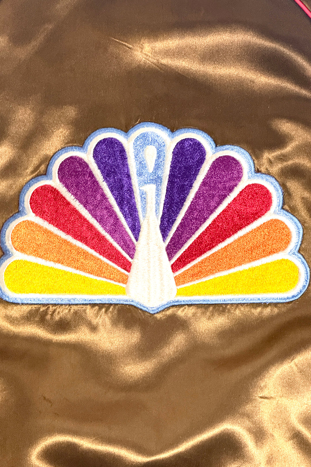 1970’S EAST WEST NORTH HOLLYWOOD MADE IN USA CROPPED CUSTOM EMBROIDERED PEACOCK NBC STUDIOS FADED SATIN BASEBALL JACKET LARGE