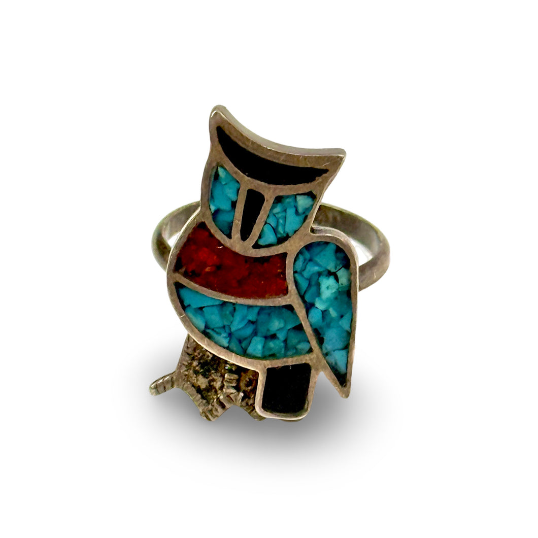 1970’S WISE OWL .925 STERLING SILVER ONYX CORAL CHIP TURQUOISE RING SIZE 6