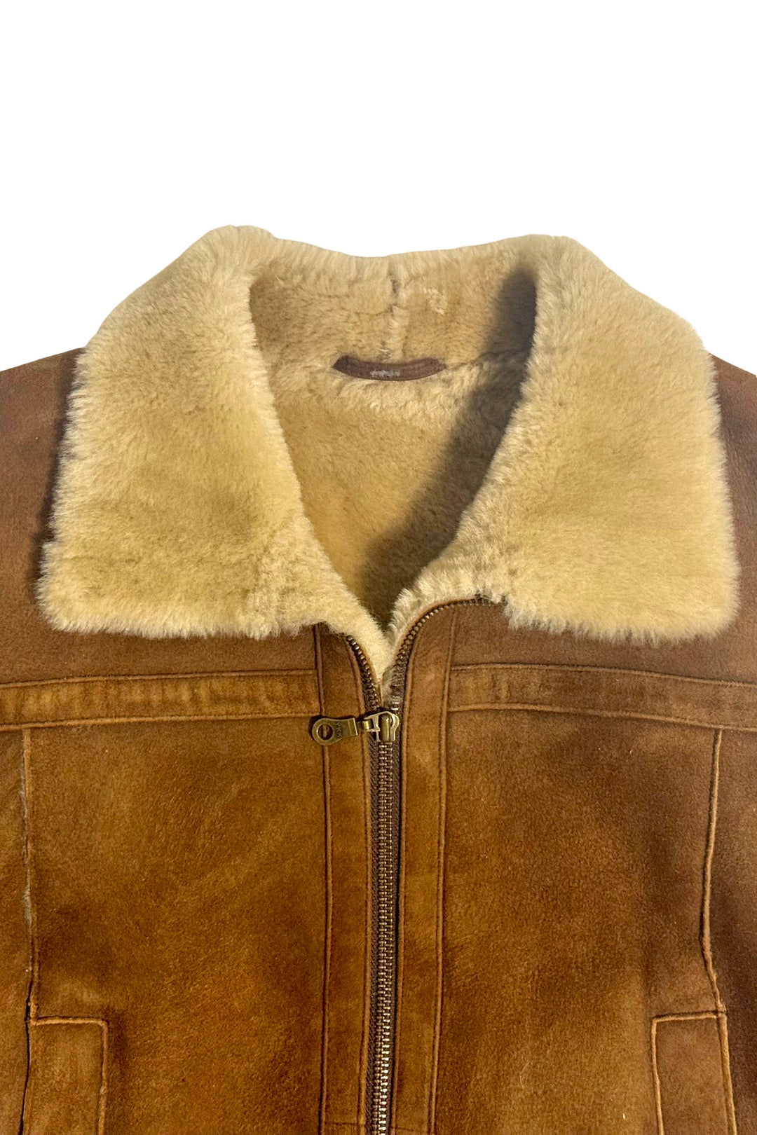 1990’S OVERLAND CROPPED COGNAC BROWN SHEEPSKIN SUEDE &amp; SHEARLING JACKET WOMEN’S MEDIUM / MEN’S SMALL