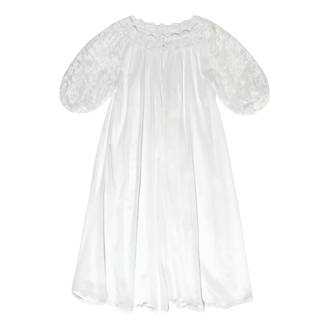 LATE 1950S/EARLY 1960s ETHEREAL MADE IN USA COQUETTE WHITE PUFF SLEEVE LACE PEIGNOIR &amp; NIGHTGOWN DRESS SET SMALL