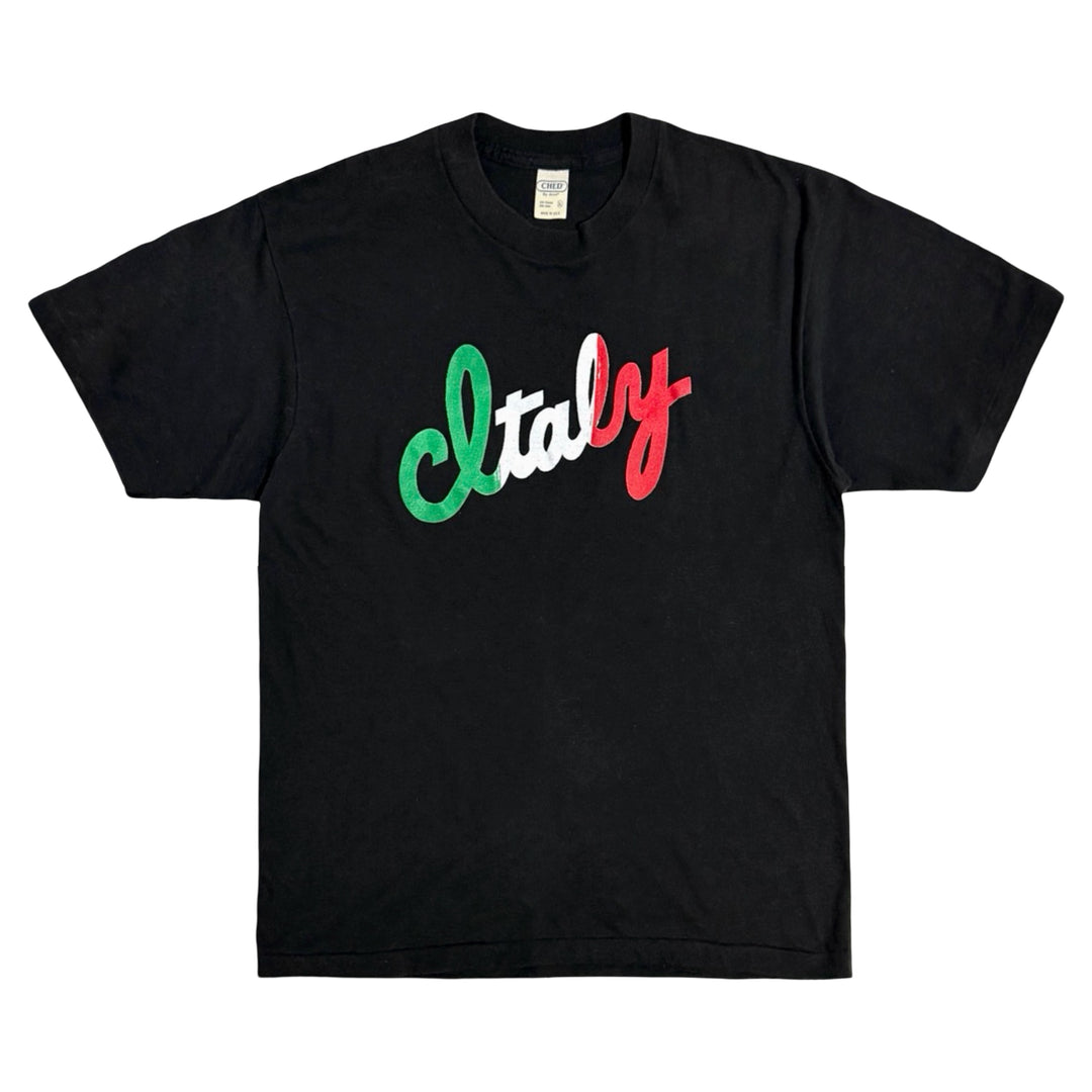1970’S PROUD ITALIAN MADE IN USA ITALY FLAG PRINT SINGLE STITCH FADED BLACK S/S T-SHIRT LARGE